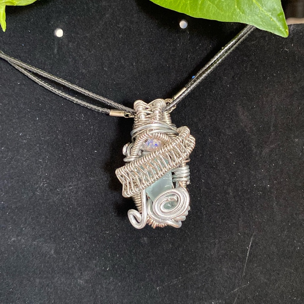 Blue sea glass and raw opal wire wrapped heady pendant